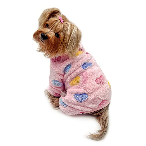 Klippo Rollkragen-Schlafanzug für Hunde/Welpen, ultraweich, Plüsch, bunte Herzen, Rosa – S von Klippo