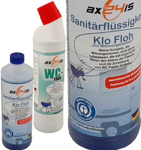 Klo Floh | Klo Floh und WC Floh als Set |Sanitärflüssigkeit für Camping WC mit Mikroorganismen | zwei Flaschen | hat den blauen Engel | riecht gut Klo Floh | Klo Floh und WC Floh als Set |Sanitärflüssigkeit für Camping WC mit Mikroorganismen | zwei Flaschen | hat den blauen Engel | riecht gut von Klo Floh