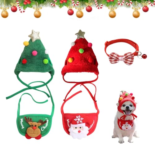 Adorable Christmas Tree Pom-Pom Hat, Funny Soft Pet Hat for Dogs Party Plush Headgear, Pet Christmas Hat, for Pets Dog Cat Xmas Costume Set (B*2, S) von Knubbuf