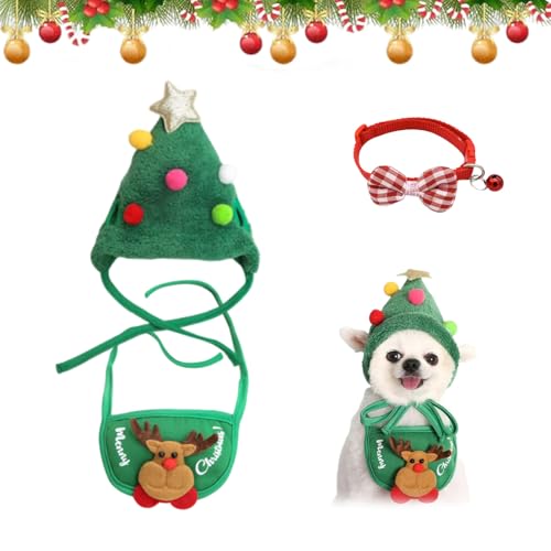Adorable Christmas Tree Pom-Pom Hat, Funny Soft Pet Hat for Dogs Party Plush Headgear, Pet Christmas Hat, for Pets Dog Cat Xmas Costume Set (Green, S) von Knubbuf