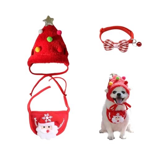 Adorable Christmas Tree Pom-Pom Hat, Funny Soft Pet Hat for Dogs Party Plush Headgear, Pet Christmas Hat, for Pets Dog Cat Xmas Costume Set (Red, L) von Knubbuf