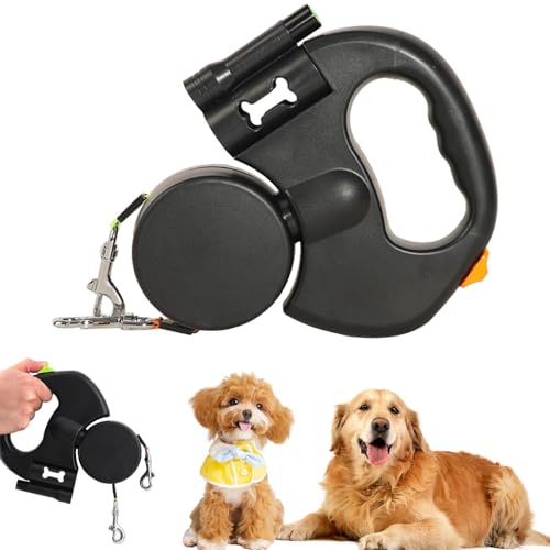 Flowleash – Flowleash Doppelleine, Doppel-Rollleine für Hunde, mit robustem 3 m langem Einzugsgurt, 360°-Drehgelenk und rutschfestem, leichtem Griff (Black) von Knubbuf