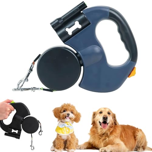 Flowleash – Flowleash Doppelleine, Doppel-Rollleine für Hunde, mit robustem 3 m langem Einzugsgurt, 360°-Drehgelenk und rutschfestem, leichtem Griff (Blue) von Knubbuf