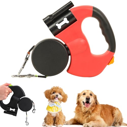 Flowleash – Flowleash Doppelleine, Doppel-Rollleine für Hunde, mit robustem 3 m langem Einzugsgurt, 360°-Drehgelenk und rutschfestem, leichtem Griff (Red) von Knubbuf