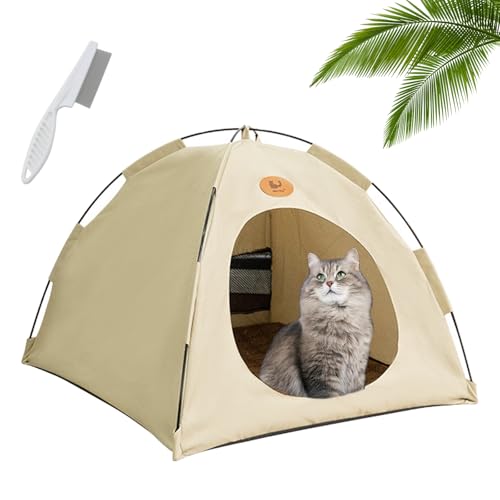 Pfoten-bedarf Katzen Zeltbett, Premium Katzen Kühlzelt, Atmungsaktives, Waschbares Hundehaus mit Kühlmatte für Drinnen Draußen, Wasserdichtes Tipi-Zelt für Kätzchen Welpen (Beige,M:40 x 40 x 38 cm) von Knubbuf