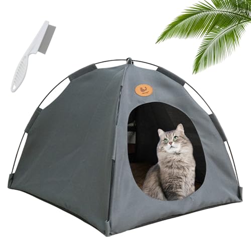 Pfoten-bedarf Katzen Zeltbett, Premium Katzen Kühlzelt, Atmungsaktives, Waschbares Hundehaus mit Kühlmatte für Drinnen Draußen, Wasserdichtes Tipi-Zelt für Kätzchen Welpen (Grau,M:40 x 40 x 38 cm) von Knubbuf