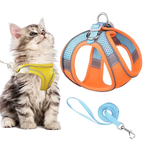 Stimulicat Cat Harness, Stimuli Cat Harness and Lead Set, Adjustable Reflective Kitten Walking Vest with Leash Cats Collar, Soft Mesh Vest for Small Medium Cats Pets Walking (Style K,XS) von Knubbuf