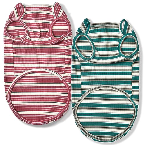 Knuffelen Hunde-Shirts, Baumwolle, gestreift, ärmellos, dehnbar, Haustierkleidung für kleine Hunde, 2er-Pack, weich, atmungsaktiv, Welpen-Tanktop, Katzen-T-Shirt (Größe XL, Kieferngrün, Pflaumenrot) Knuffelen Hunde-Shirts, Baumwolle, gestreift, ärmellos, dehnbar, Haustierkleidung für kleine Hunde, 2er-Pack, weich, atmungsaktiv, Welpen-Tanktop, Katzen-T-Shirt (Größe XL, Kieferngrün, Pflaumenrot) von Knuffelen