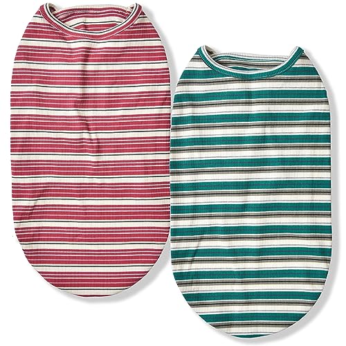Knuffelen Hunde-Shirts, Baumwolle, gestreift, ärmellos, dehnbar, Haustierkleidung für kleine Hunde, 2er-Pack, weich, atmungsaktiv, Welpen-Tanktop, Katzen-T-Shirt (Größe XS, Kieferngrün, Pflaumenrot) Knuffelen Hunde-Shirts, Baumwolle, gestreift, ärmellos, dehnbar, Haustierkleidung für kleine Hunde, 2er-Pack, weich, atmungsaktiv, Welpen-Tanktop, Katzen-T-Shirt (Größe XS, Kieferngrün, Pflaumenrot) von Knuffelen