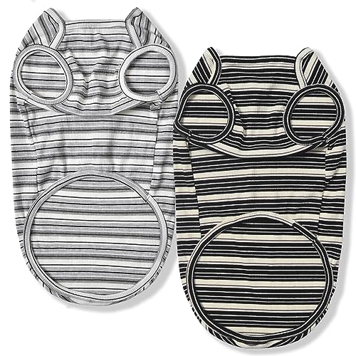 Knuffelen Hunde-Shirts, Baumwolle, gestreift, ärmellos, dehnbar, Haustierkleidung für kleine Hunde, 2er-Pack, weich, atmungsaktiv, Welpen-Tanktop, Katzen-T-Shirt (Größe XS, Schwarz, Grau) von Knuffelen