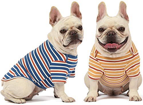 Knuffelen Hunde-Shirts Baumwolle gestreift T-Shirt Sommer Haustier Kleidung für kleine Hunde 2er Pack Weiche Welpen Bekleidung Katze Tee Atmungsaktiv Dehnbar Blau Gelb L von Knuffelen