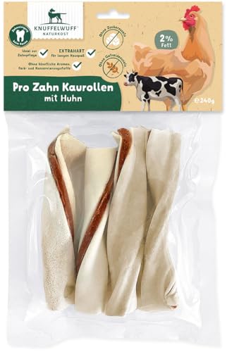 Knuffelwuff 4x Pro Zahn Kaurolle (ca. 60g) | Leckere Hühnerbrust und Rinderrohhaut: Belohnen Sie Ihren Hund mit gesundem Kauen für starke Kaumuskeln | wiederverschliessbar | für große und kleine Hunde von Knuffelwuff