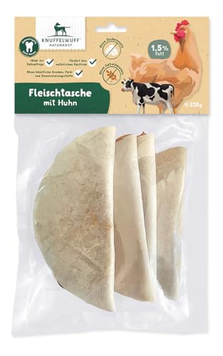 Knuffelwuff 4X große Fleischtaschen (ca. 80 g) | Leckere Hühnerbrust und Rinderrohhaut: Belohnen Sie Ihren Hund mit gesundem Kauen für Starke Kaumuskeln | wiederverschiessbar | für alle Hunderassen von Knuffelwuff