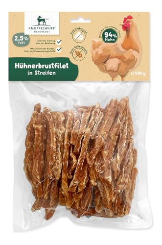 Knuffelwuff Hühnerbrust in Streifen 500g | Luftgetrocknete Hundesnack, proteinreicher Belohnung mit 94% Huhn | wiederverschliessbar | Leckerlis für große und kleine Hunde von Knuffelwuff
