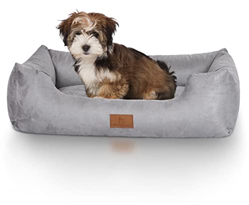 Knuffelwuff Hundebett Dreamline aus Velours M-L 85 x 63cm Grau - abnehmbarer Bezug - leicht zu reinigen - für große, mittelgroße und kleine Hunde von Knuffelwuff