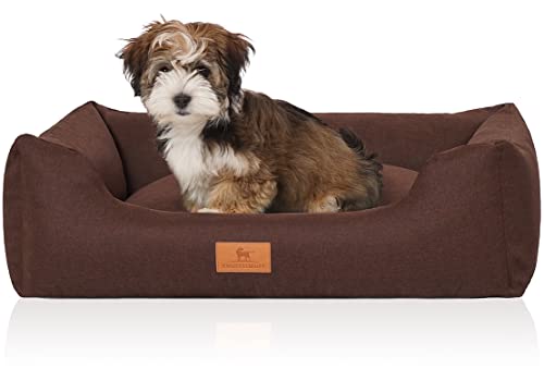 Knuffelwuff Hundebett Lotte aus Velours mit feinem Handwebcharakter M-L 85 x 63cm Braun - abnehmbarer Bezug - waschbar - für große, mittelgroße und kleine Hunde von Knuffelwuff