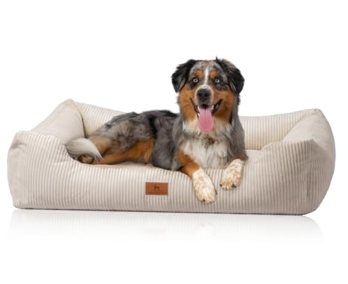 Knuffelwuff Hundebett aus Cord mit Handwebcharakter Olivia XL 105 x 75cm Beige - Abnehmbarer Bezug - waschbar - für große, mittelgroße und kleine Hunde von Knuffelwuff