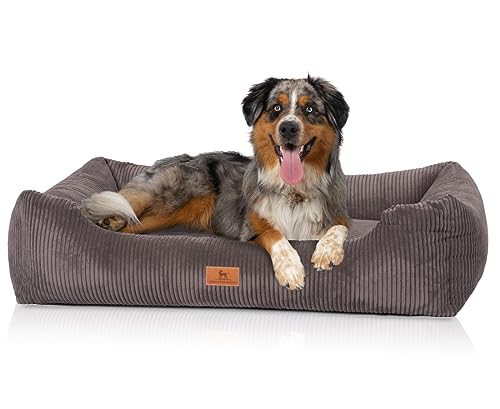 Knuffelwuff Hundebett aus Cord mit handgewebtem Charakter Olivia XL, 105 x 75 cm, Taupe, Abnehmbarer Bezug, waschbar, für große, mittlere und kleine Hunde von Knuffelwuff