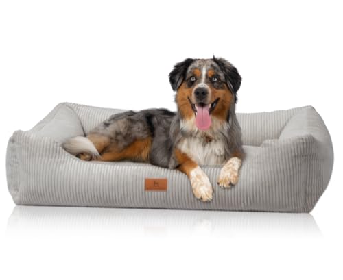 Knuffelwuff Hundebett aus Cord mit Handwebcharakter Olivia XL 105 x 75cm Hellgrau - Abnehmbarer Bezug - waschbar - für große, mittelgroße und kleine Hunde von Knuffelwuff