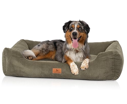 Knuffelwuff Hundebett aus Cord mit Handwebcharakter Olivia XL 105 x 75cm Khaki - Abnehmbarer Bezug - waschbar - für große, mittelgroße und kleine Hunde von Knuffelwuff