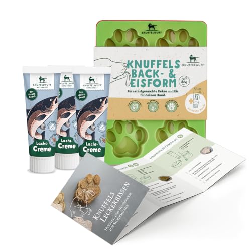 Knuffelwuff Hundekekse und Hundeeis Set mit 3 Silikonformen, Rezepten und Tubensnack Lachs - Hitzebeständigkeit von -40°C bis 220°C - Perfekt für Hundetraining von Knuffelwuff