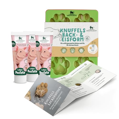 Knuffelwuff Hundekekse und Hundeeis Set mit 3 Silikonformen, Rezepten und Tubensnack Leber-Pastete - Hitzebeständigkeit von -40°C bis 220°C - Perfekt für Hundetraining von Knuffelwuff