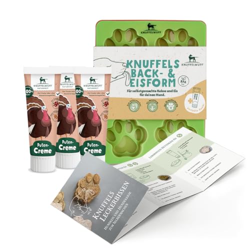 Knuffelwuff Hundekekse und Hundeeis Set mit 3 Silikonformen, Rezepten und Tubensnack Putencreme - Hitzebeständigkeit von -40°C bis 220°C - Perfekt für Hundetraining von Knuffelwuff