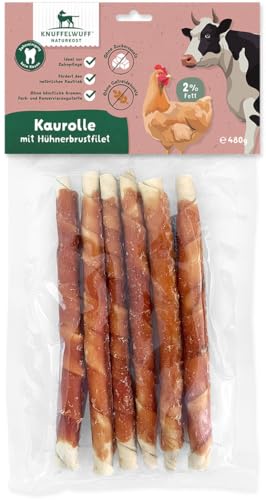 Knuffelwuff Kaurolle mit Hüherbrustfilet 28 cm | Leckere Hühnerbrust und Rinderrohhaut: Belohnen Sie Ihren Hund mit gesundem Kauen für Starke Kaumuskeln | wiederverschliessbar | für alle Hunderassen von Knuffelwuff