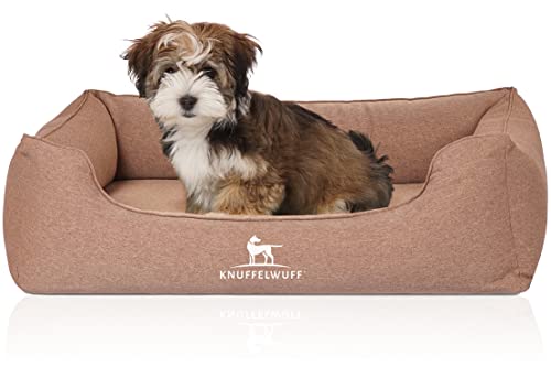 Knuffelwuff Orthopädisches Hundebett Leano aus Velours mit Handwebcharakter M-L 85 x 63cm Hellbraun - abnehmbarer Bezug - waschbar - für große, mittelgroße und kleine Hunde von Knuffelwuff