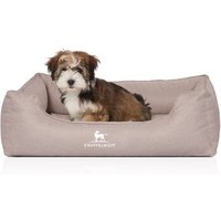 Knuffelwuff Orthopädisches Hundebett Luisa aus Velours mit feinem Handwebcharakter Sunshine Edition beige M-L von Knuffelwuff