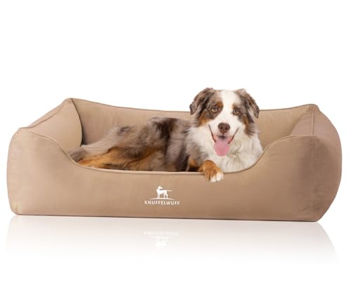 Knuffelwuff orthopädisches Hundebett Jona Samt XL Camel | Memory Foam | Bezug abnehmbar waschbar | gelenkschonend wärmend langlebig | für kleine mittelgroße große Hunde von Knuffelwuff