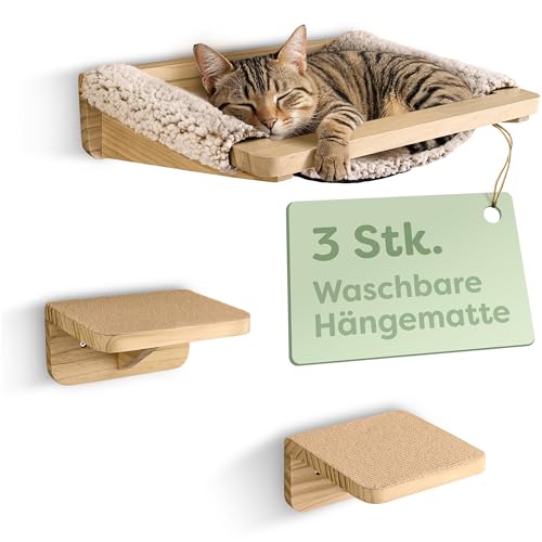 Knupis Katzen Kletterwand Set mit Hängematte & 2X Katzentreppe – massives Kiefernholz, stabile Wandliege bis 30 kg – Für Spielspaß & Gemütlichkeit von Knupis