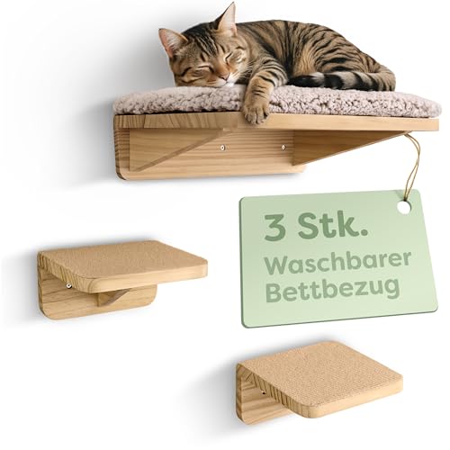 Knupis Katzen Kletterwand Set mit Katzenbett & 2X Katzentreppe – massives Kiefernholz, stabile Wandliege bis 30 kg – Für Spielspaß & Gemütlichkeit - Beige von Knupis