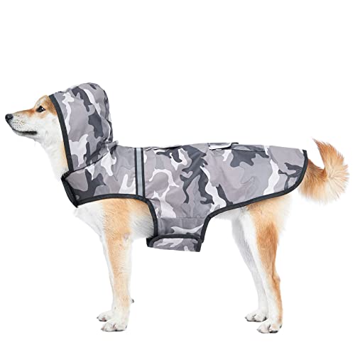 KoKoBin Waterproof Dog Reflective Jacket mit Kapuze Halsloch Super leichte und atmungsaktive wasserdichte Jacke für mittlere und große Hunde (L, Tarnfarbe Grau) von KoKoBin