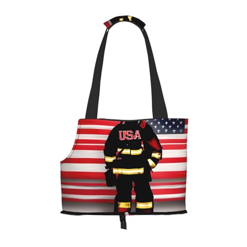 Hundetragetasche für kleine Hunde und Katzen, Motiv: Feuerwehrmann, USA-Flagge, Rot gestreift, springt nicht, mit großen Taschen, Outdoor-Reisen von KoNsev