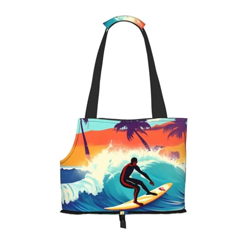 Hundetragetasche für kleine Hunde und Katzen, Motiv: Hawaiianischer Surfer auf gewelltem Druck, springt nicht, mit großen Taschen, Outdoor-Reisen von KoNsev