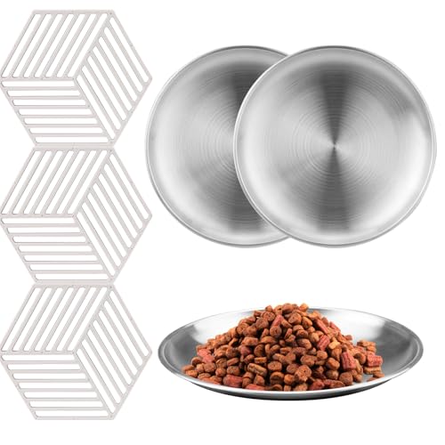 Katzennäpfe aus Edelstahl, mit rutschfesten Silikon-Tischsets, flacher Futternapf, Katzenteller für Nassfutter, geeignet für Katzen, kleine Haustiere, 3 Sets (Silber) von Koceci