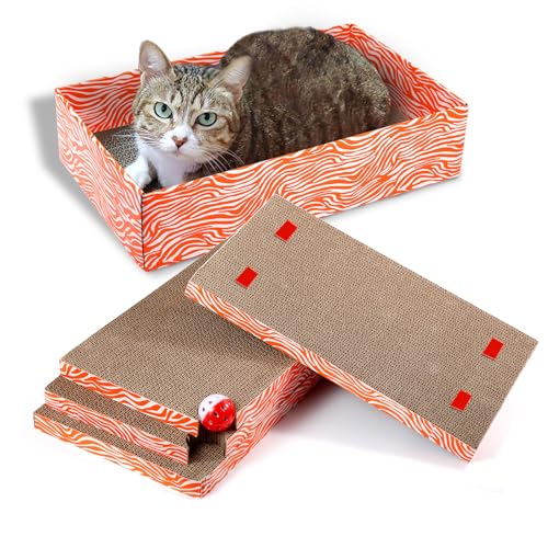 Koimsec Cat Scrather Box with 4 pcs Large Cat Scratching Cardboard and Toy Ball, Catnip, 4 in 1 Large Refillable & Reversible Cat Scratcher Pad, Cardboard Cat Bed for Big Medium Small Lazy Kitty von Koimsec