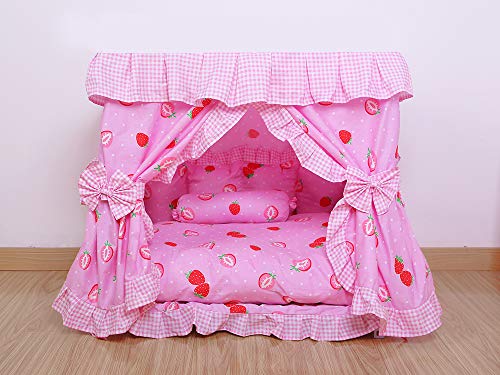 Handgefertigtes Bett für Hunde und Katzen, Prinzessinnen-Erdbeer-Design, inkl. 1 Baldachin mit Süßigkeiten-Kissenbezug, Größe S von Kolachic