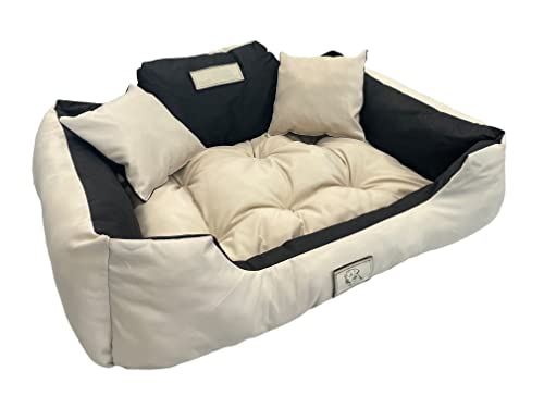 KomfortHome Premium Hunde- und Katzenbett mit Zwei Kissen - Waschbar, Wasserdicht, Kratzfest, PVC-Material - Perfekt für Komfort & Hygiene (55 x 45 cm, Beige) von KomfortHome