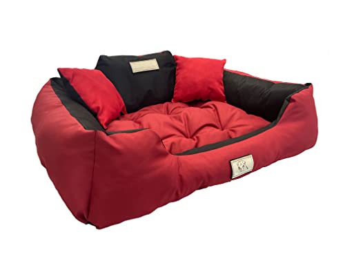 KomfortHome Premium Hunde- und Katzenbett mit Zwei Kissen - Waschbar, Wasserdicht, Kratzfest, PVC-Material - Perfekt für Komfort & Hygiene (75 x 65 cm, Rot) von KomfortHome