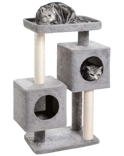 Komicoll Katzenbaum Mehrstöckiger Katzenturm mit großer Sitzstange für Indoor-Katzen, Katzenhaus mit Sisal-Kratzbaum, Grau von Komicoll