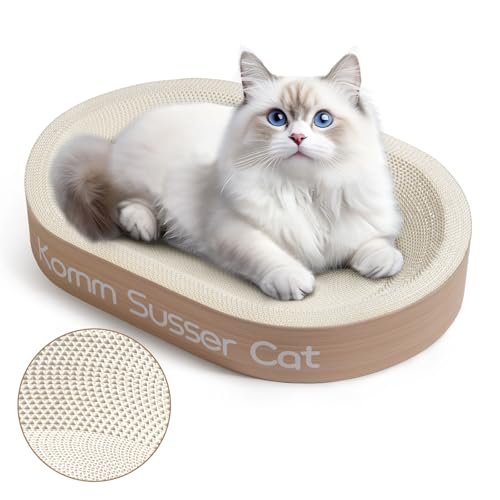 KommSusserCat Riesiger Kratznapf für Katzen, 59,5 cm, robust, weißer Karton, Katzenkratzbett – langlebige ovale Kratzunterlage und Lounge-Bett mit Mini-Kratzbrett (weiß) von KommSusserCat