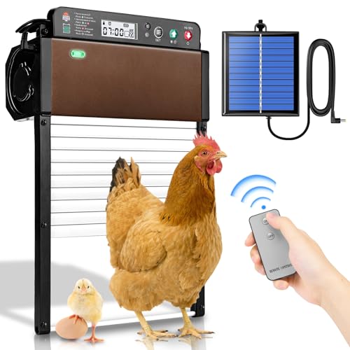Komsepor Automatische Hühnerklappe Solar, LCD-Display hinzugefügt - Zeitgesteuertes Öffnen und Schließen der Tür Aluminium-Hühnerstalltür, Solarbetrieben, mit Lichtsensor, Fernsteuerung, für Geflügel von Komsepor