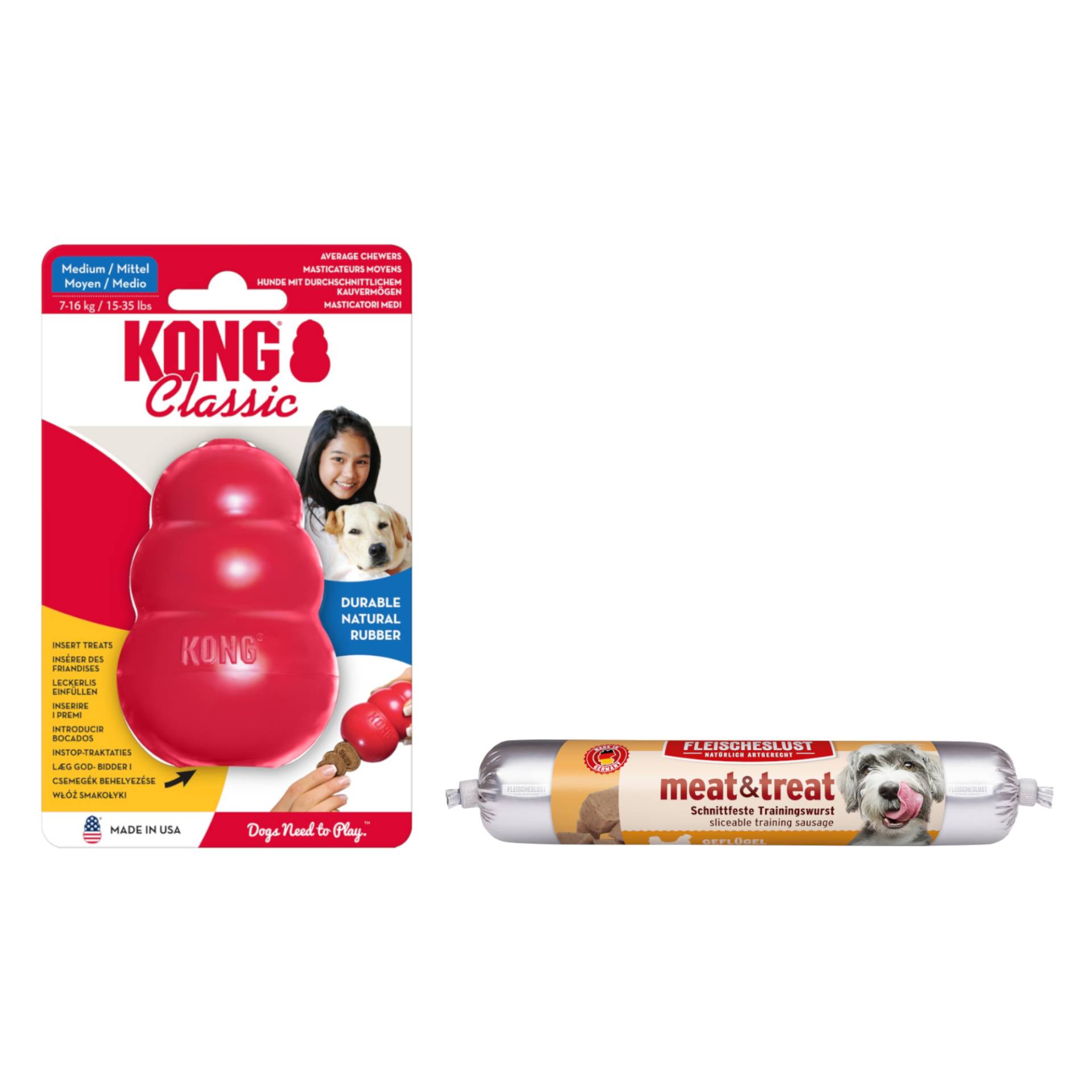 KONG Classic Spielzeug + 80 g Fleischeslust meat & treat Trainingswurst gratis! - M (8,5 cm) + 80 g Geflügel von Kong