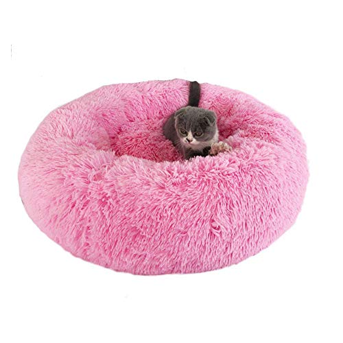 Flauschiges Hundebett in Donut-Form, sehr weich, gemütlich, rund, Nisthöhle, Haustier-Sofa, rutschfest, warm, beruhigend, Hundebett, Kunstfell, strapazierfähig, Hundehütte, Katzenbett, Rosarot, 60 cm von KongEU