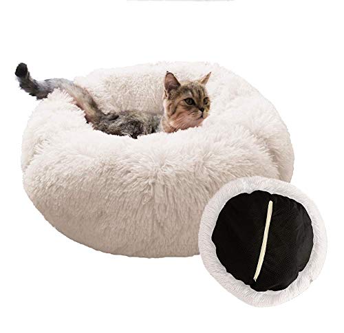 KongEU Abnehmbares Hundebett aus Kunstfell, Donut-Flauschiges Plüsch-Katzenbett mit rundem Kissen, warme Sofa-Höhle für Katzen/kleine, mittelgroße und große Hunde von KongEU