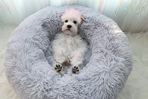 KongEU Donut-Hundebett, zottelig, kuscheliges Haustier-Sofa, rundes Nesthöhlenbett, warmer Plüschkorb, maschinenwaschbar, Hundematratze, weich, bequem, Welpenbett, grau, 110 cm von KongEU