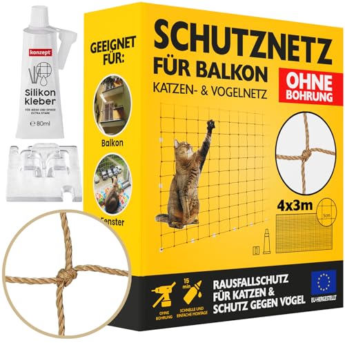 Konzept 11 - Katzennetz für Balkon Ohne Bohren Set 4x3M, Vogelabwehr Sicherheitsnetz für Fenster, Balkon, Katze, Starker Balkonnetz Vogelschutznetz Volierennetz von Konzept 11