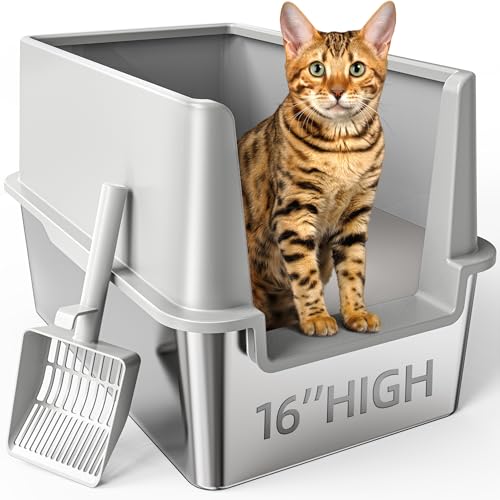 40,6 cm hohe Seiten Edelstahl Katzentoilette mit Deckel, XL XXL Extra große geschlossene Metall-Katzentoilette für große Katzen und Kätzchen, nimmt nie Gerüche auf, nicht klebrig, Anti-Urinleckage, von KooMooM